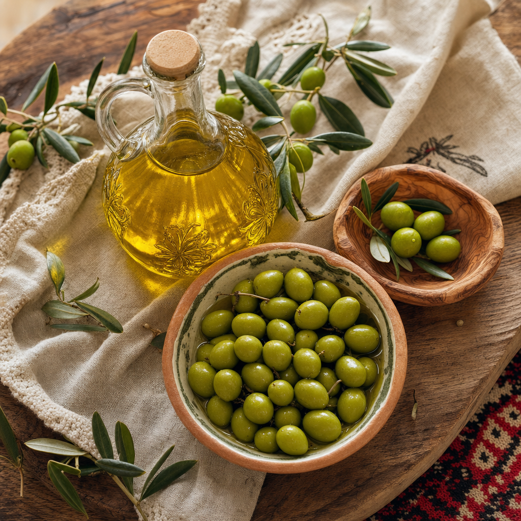 Golden Palestinian olive oil with fresh olives and olive branch