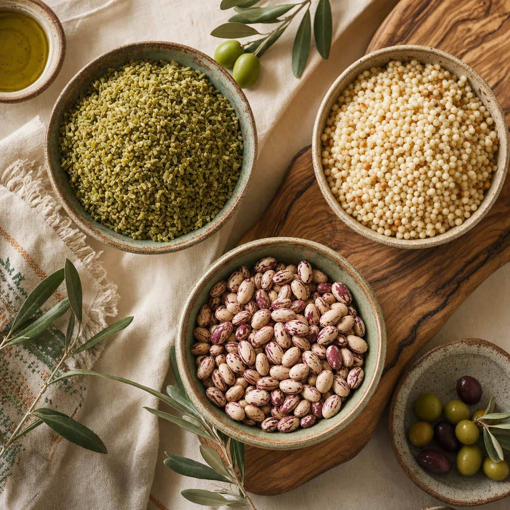 Bowls of freekeh, maftoul and beans on linen