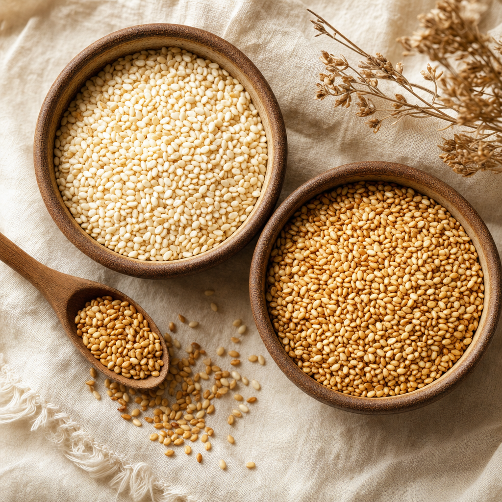 White and roasted sesame seeds in bowls