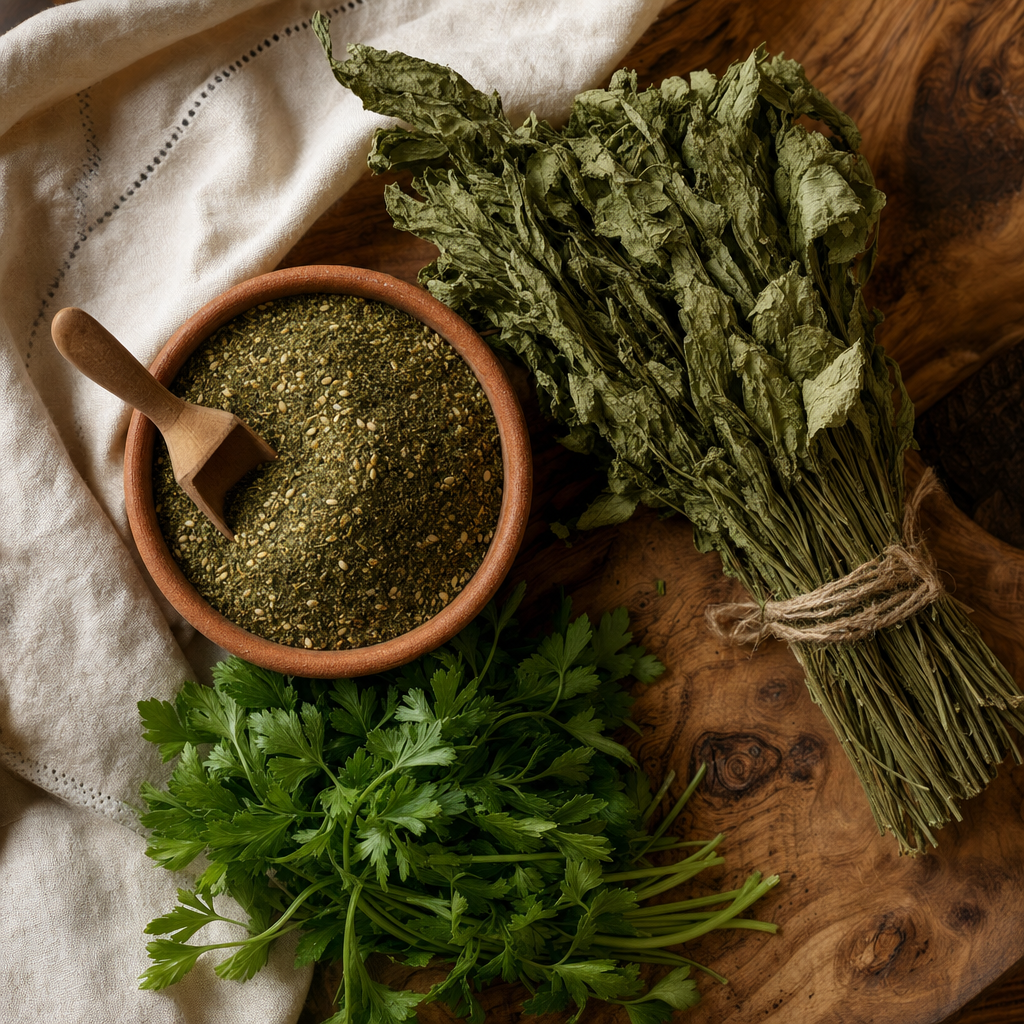 Za'atar, dried mulukhiyah and parsley on an olive-wood board