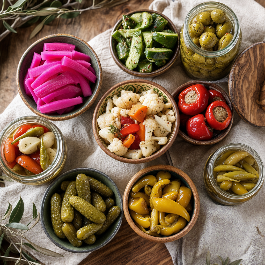 Assortment of Palestinian pickles and preserves on cream linen