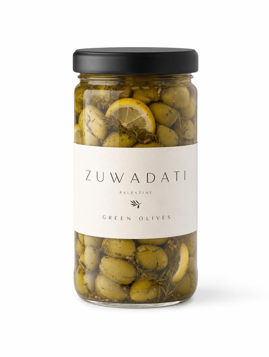 Zuwadati Cracked Green Olives jar