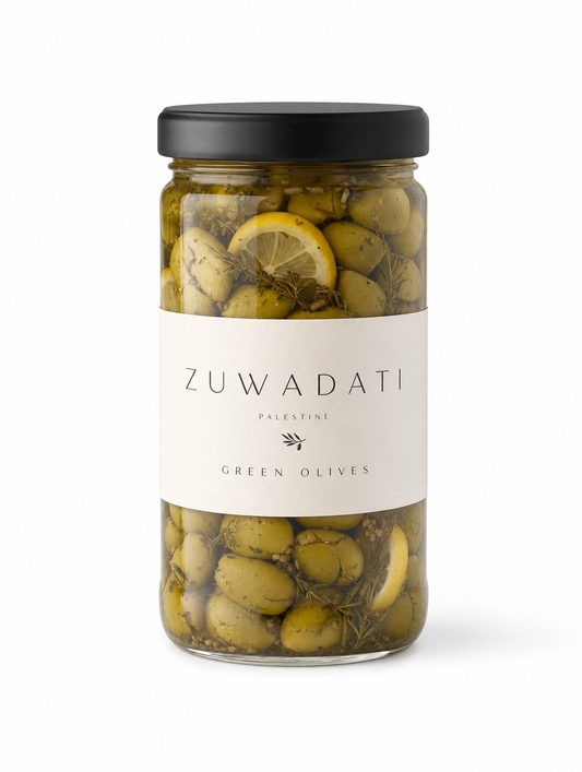 Zuwadati Cracked Green Olives jar