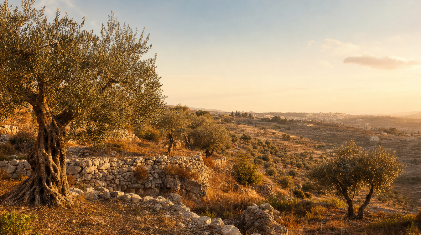 Sunlit Palestinian olive grove on terraced hills at golden hour